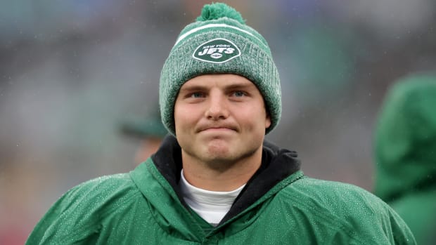 New York Jets quarterback Zach Wilson (2) reacts on the sideline during the first quarter of a game against the Atlanta Falcons.